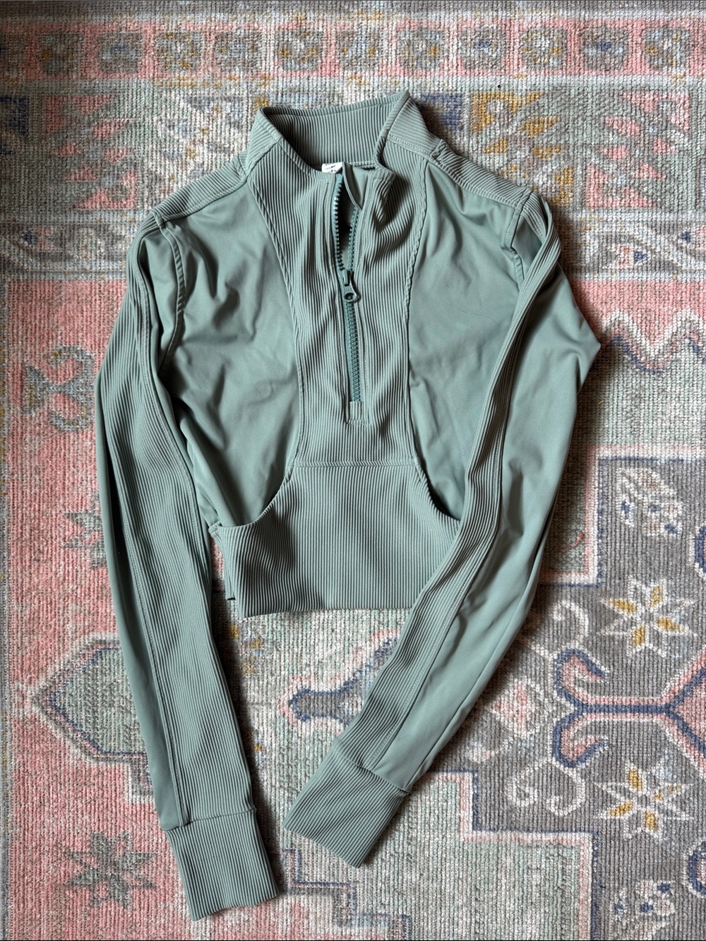 Cropped Half-Zip Pullover Hoodie - Sage Green